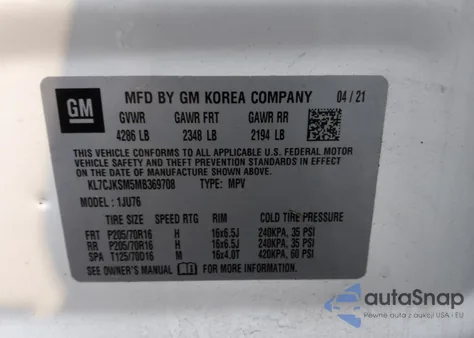 2021 Chevrolet Trax Ls из США, поврежденный, VIN KL7CJKSM5MB369708